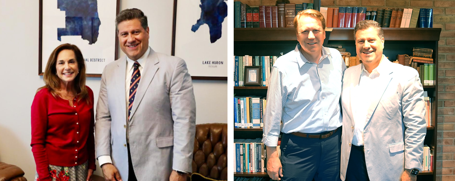 Cornerstone University President Gerson Moreno-Riaño pictured with Congresswoman Lisa McClain in Washington, D.C., and with Senator Aric Nesbitt on the Cornerstone University campus in Grand Rapids, Michigan