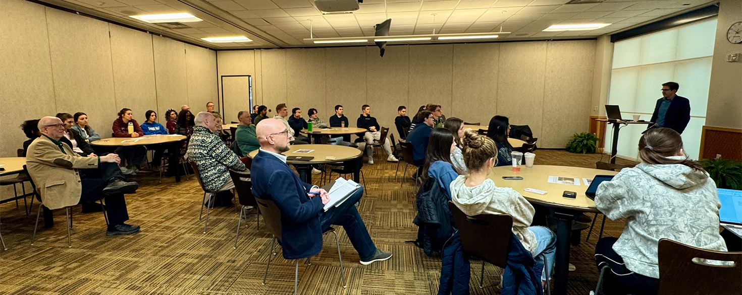 Dr. Casey Luskin presents intelligent design research presentation at Cornerstone University for staff, faculty, and students