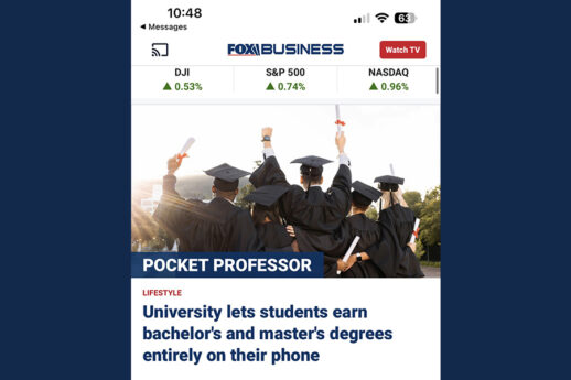 Fox Business article page with the headline 'University lets students earn bachelor's and master's degrees entirely on their phone,' showing a photo of graduates with diplomas